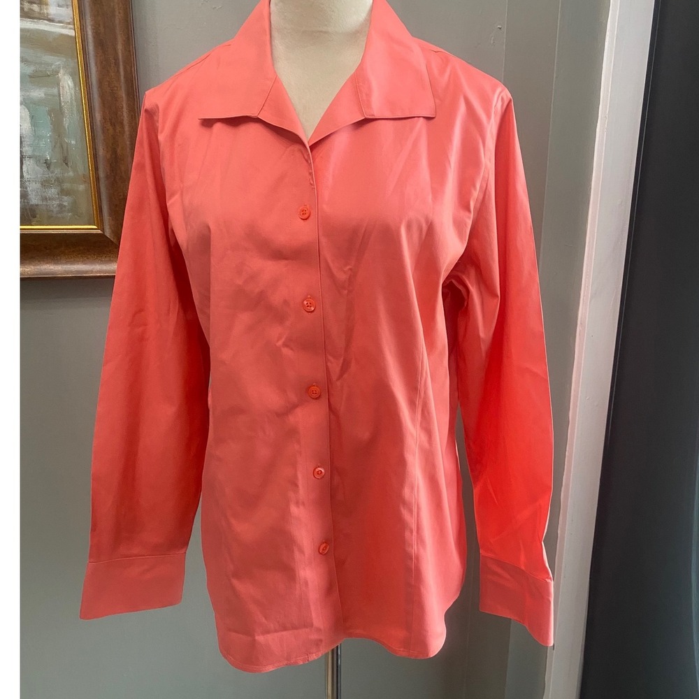 Chicos No Iron Coral Pink Cotton Button Down Shirt Blouse Womens Size 2 L